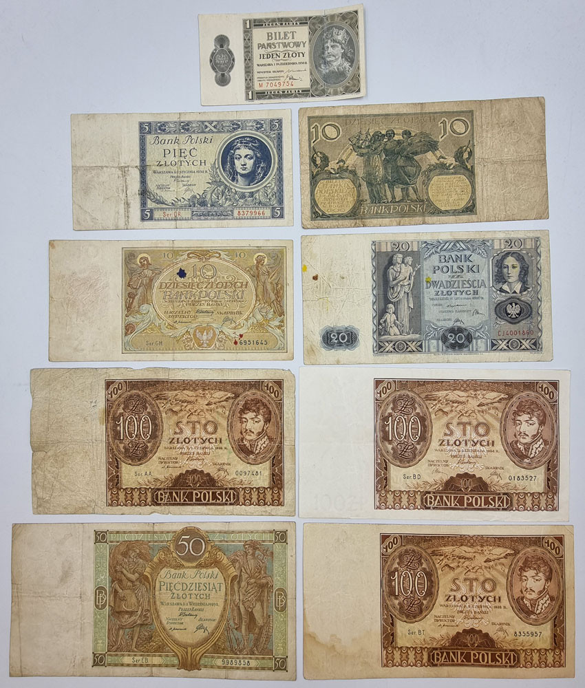 1 - 100 złotych 1926 - 1938, zestaw 9 banknotów